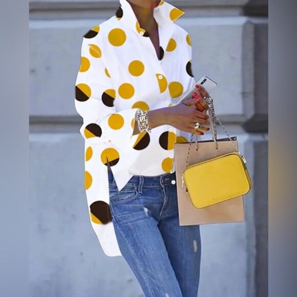 Vibrant Polka-Dot Print Long Bell Sleeve Blouse - Casual - Picture 1 of 4